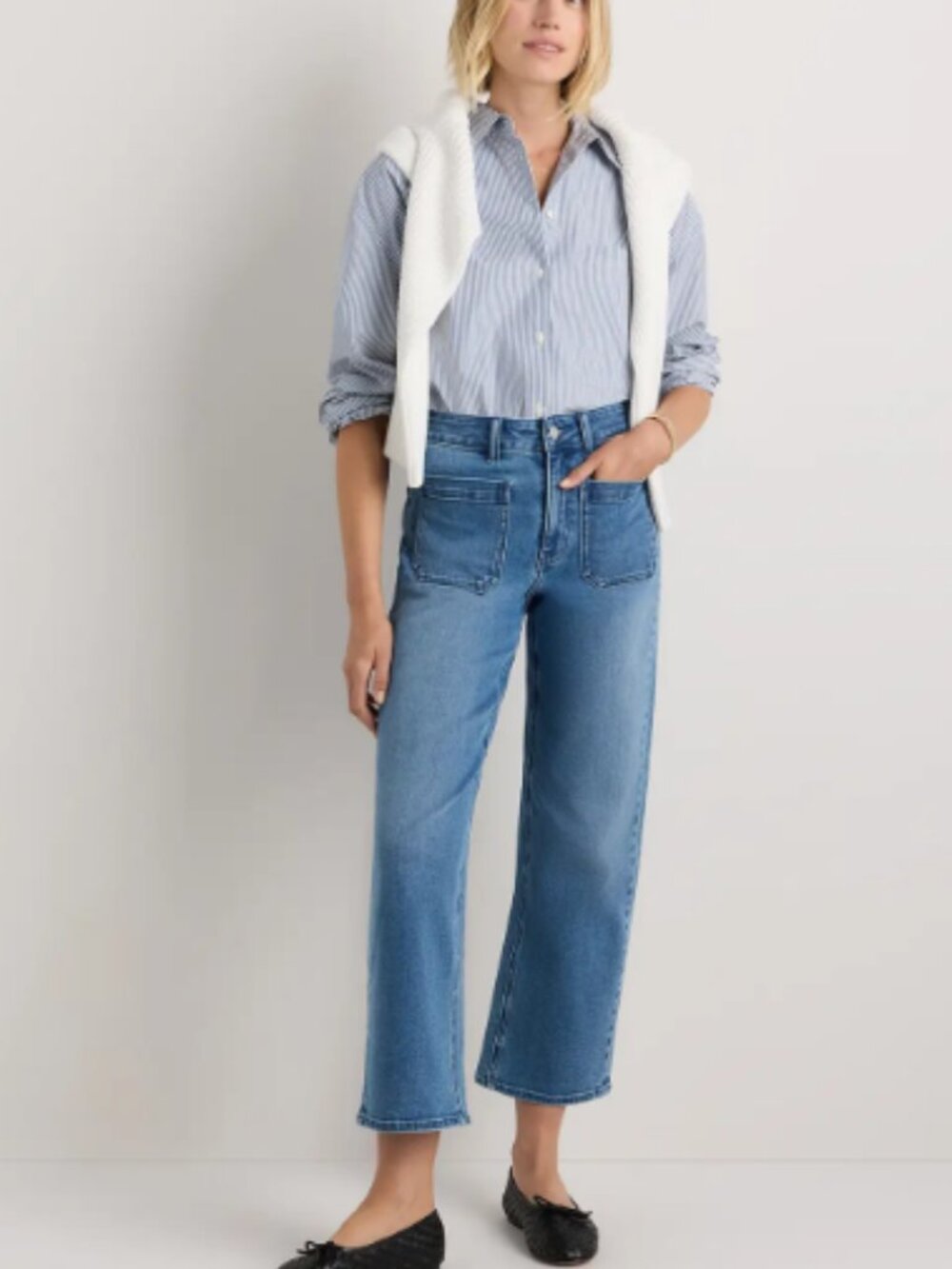Quince Stretch High Rise Patch Pocket Wide Leg Jeans 29 Light Wash
